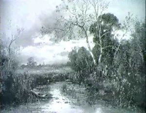Vertraumter Teich Mit Einem Nachen Links, Rechts Am Ufer Im Unterholz Reisigsammlerinnen by Adolf Kaufmann
