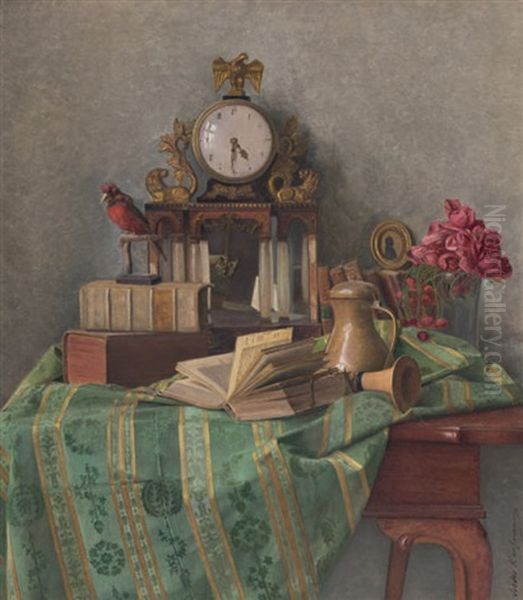 Stillleben Mit Uhr, Buchern, Blumen Und Vogel - view 1