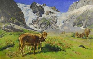Cows In Alpine Landscape by Joseph Klemens Kaufmann