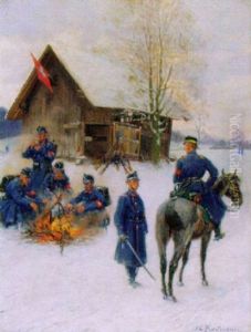 Rastende Schweizer Miliz In Winterlandschaft
