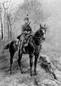 Kavallerist Auf Braunem Pferd In Bewaldeter Landschaft by Joseph Klemens Kaufmann