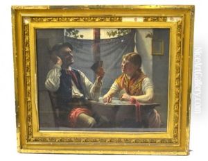 German Painting By Max Kaufmann With Glass Frame by Max Kaufmann