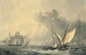 Fishermen Hauling In Their Nets Off The Dutch Coast by Nicolaas Bauer