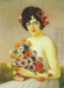 Junges Madchen Mit Anemonenstraus by Anton Kaulbach