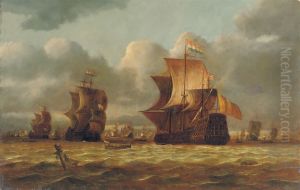 Shipping In Choppy Waters With A Shipwreck In The Foreground by Nicolaas Bauer