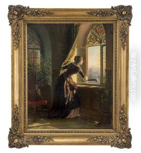 Burginterieur Mit Dame, Die Aus Dem Fester Blickt