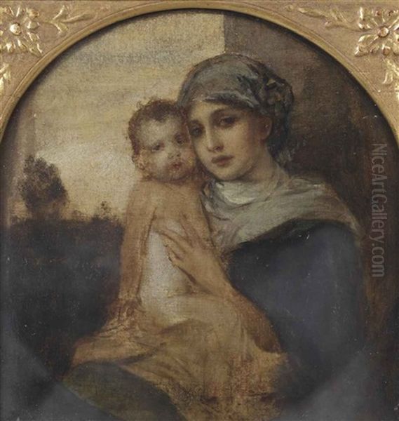 Portrait Of A Mother And Child, Said To Be The Artist's Wife Frida Scotta (1869-1949) And Child, In A Painted Tondo - view 1