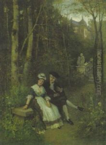 Kavalier Und Dame Im Schlospark Auf Einer Steinbank Beim Stelldichein