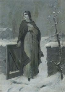 Junge Frau Am Winterlich Verschneiten Gartentor Junge Frau Am Winterlich Verschneiten Gartentor