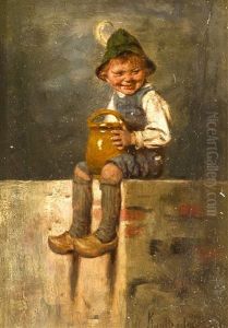 Alpenlandischer Knabe Mit Filzhut Und Lederhose by Hermann Kaulbach