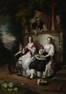 Musestunde. Familie Im Garten Vor Dem Hause