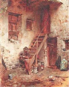 In Einem Tiroler Hinterhof Bei Eppan. Alter Bauer Beim Schnitzen