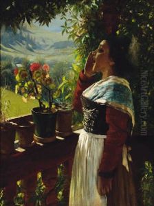A Young Girl On A Sunlit Balcony by Hermann Kaulbach