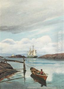 Kustlandskap Med Fiskare Och Segelfartyg by Haakon Jensen Kaulum