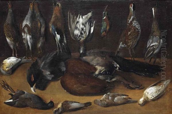 Partridges, An Eurasian Jay, A Quail, A Kingfisher And A Duck, All Suspended From Nails, A Capercaillie And Various Other Birds On A Table - view 1