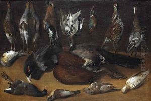 Partridges, An Eurasian Jay, A Quail, A Kingfisher And A Duck, All Suspended From Nails, A Capercaillie And Various Other Birds On A Table