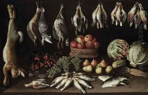 Apples In A Wicker Basket, With Pears, Grapes, Cherries, A Gherkin, Lettuce, Melon, Dead Birds And Fish On A Wooden Table, With A Rabbit, Woodcocks...
