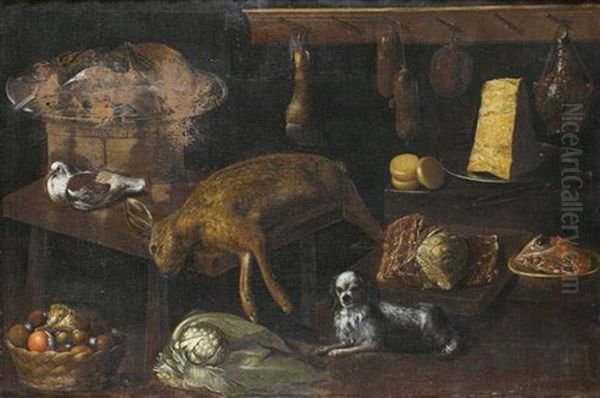 Nature Morte Au Gibier, A La Corbeille De Fruits, Aux Fromages Gardee Par Un Chien - view 1