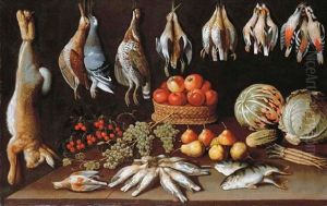 Apples In A Wicker Basket, With Pears, Grapes, Cherries, A Gherkin, Lettuce, A Melon, Dead Birds And Fish On A Wooden Ledge, With A Rabbit, Woodcocks, A Pigeon And Other Birds Hanging by Albrecht Kauw