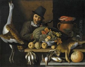 A Still Life With Dead Game, A White Porcelain Bowl Filled With Grapes And Peaches, A Platter Of Lobsters On A Terracotta Urn And A Smiling Man Behind