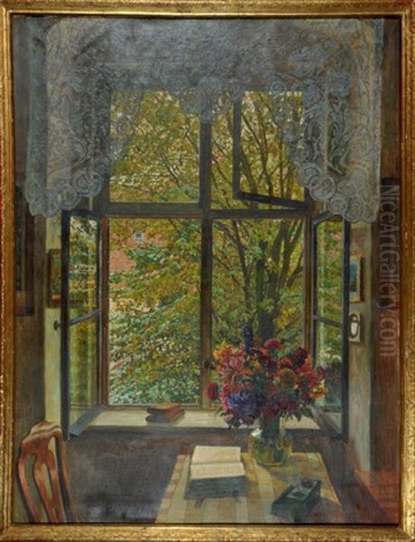 Interieur Mit Buchern Und Gartenblumenstraus Am Offenen Fenster - view 1
