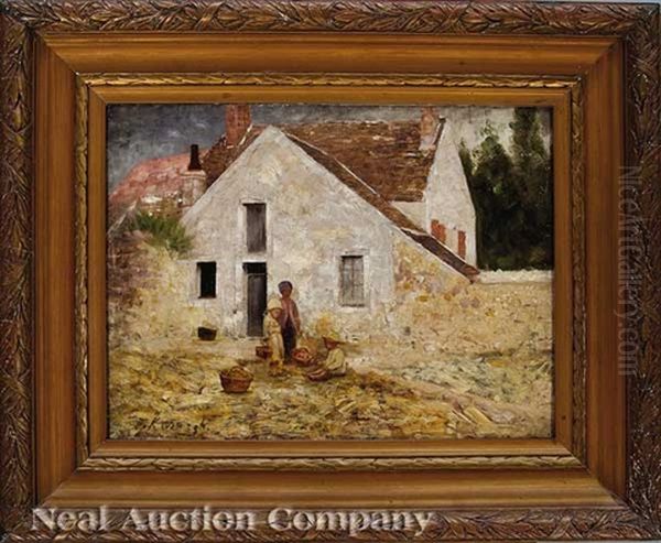 Three Children With A Basket Of Apples By A Country Cottage - view 1