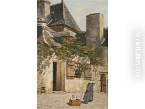 A Woman And Child Before Buildings On A Sunny Day