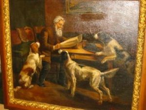 Interior Scene With Bearded Man And Three Gun Dogs by Joseph Malachy Kavanagh