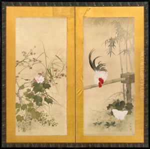 Vogel Und Blumen (2 Part Foldeing Screen) by Gyokusho Kawabata