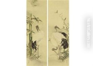 Young Bamboo And Crane, Blue Banboo And Playing Crane (pair) by Gyokusho Kawabata