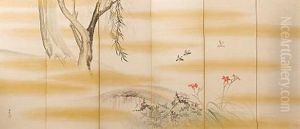 Six-fold Screen With A Tsugumi Hovering Over A Bridge (+ Six-fold Screen With Shijyukara Flying Toward Thistle; Pair) by Gyokusho Kawabata