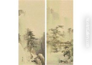 Kyoraku Four Seasons Shugakuin Summer Kurama Mounta In Winter (a Pair Of Scrolls) by Manshu Kawamura
