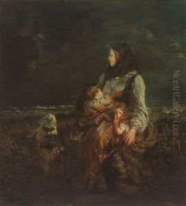 Mutter Mit Zwei Kindern Und Spitz, Am Strand Wartend by Hermann Kay