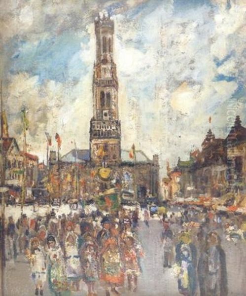 Figures In A Busy Market Square, Bruges - view 1