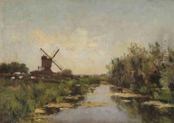 A Polder Landscape With A Windmill Along A River - view 1