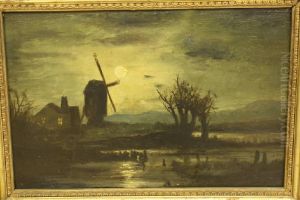 Molen In Landschap Bij Maanlicht