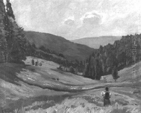 Wiese In Bergiger Landschaft Mit Blumenpfluckendem Madchen - view 1