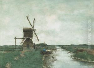 Dutch Landscape With A Farmer In His Boat By Awindmill