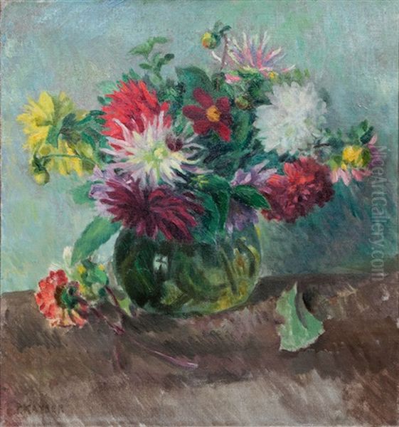 Dahlias In A Glass Vase - view 1