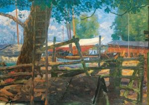 Shipyard With White Yacht by Paul Kayser