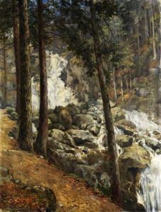 Waldlandschaft Mit Blick Auf Einen Felsigen Wasserfall Unter Baumen by Friedrich Wilhelm Keck
