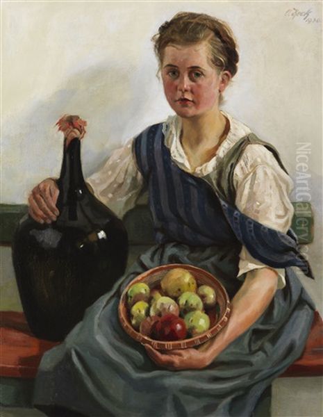 Madchen Mit Obstkorb Und Weinflasche - view 1