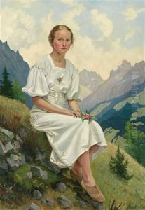 Bergfruhling. Portrait Der Paula Weis Vor Gebirgshintergrund by Otto Keck