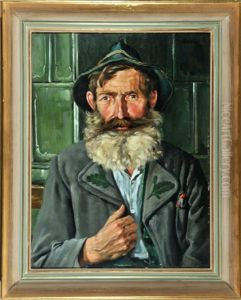 Portrait Eines Bartigen Mannes In Tracht Am Kachelofen