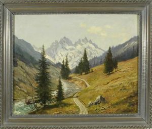 Gebirgsfluss Mit Tannen Und Schneebedeckten Gipfeln Im Hintergrund