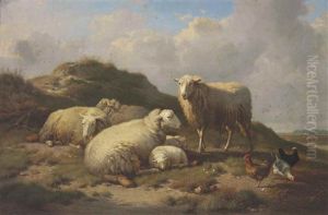 Sheep And Chickens In A Landscape by Frans Keelhoff