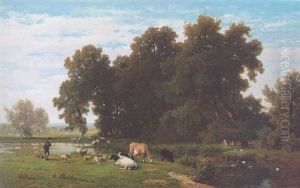 A River Landscape With A Shepherd And His Flock Resting A River Landscape With A Shepherd And His Flock Resting