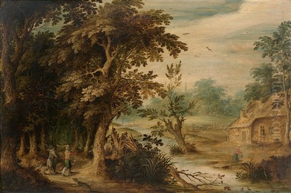 Chasseurs Dans Un Paysage De Foret En Bord De Riviere - view 1