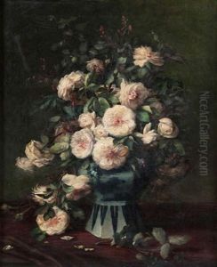 Nature Morte Aux Roses Blanches Dans Un Vase De Delft by Desire de Keghel