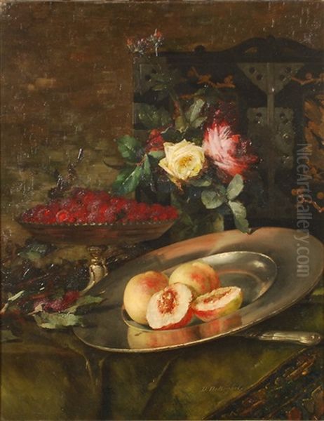 Peches, Framboises Et Roses Sur Une Table - view 1